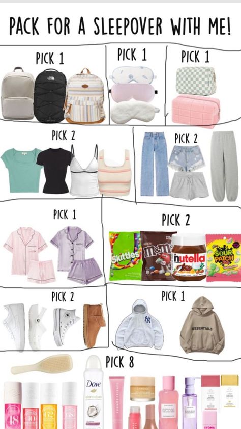 Pack For A Sleepover, Sleepover Packing List, Preppy Pjs, Clothes Collage, Teen Sleepover Ideas, Sleepover Essentials, Halloween Sleepover, Teen Sleepover, Pretty School Supplies