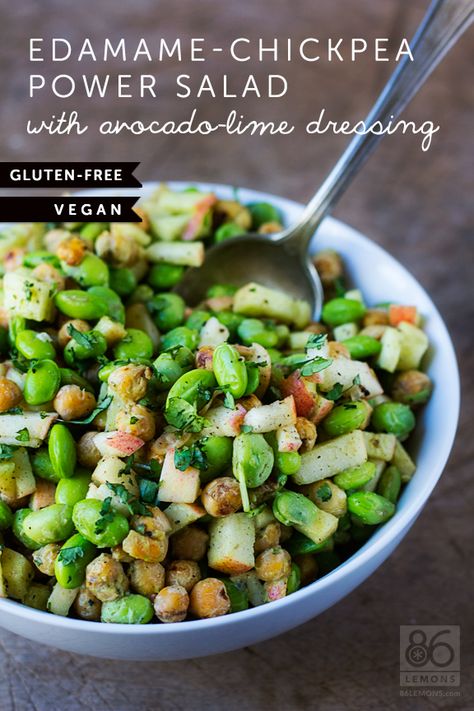 Virtual Vegan Potluck: Edamame-Chickpea Power Salad with Avocado-Lime Dressing (vegan, gf) - 86 Lemons Low Carb Fast Food, Toasted Chickpeas, Avocado Lime Dressing, Vegan Potluck, Power Salad, Protein Salad, Salad With Avocado, Lime Dressing, Chickpea Salad