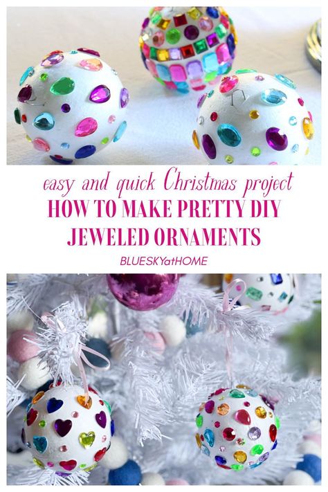 Learn How to Make Pretty Jeweled Christmas Ornaments. This easy DIY project uses adhesive jewels and styrofoam balls to create lovely ornaments. Clear Round Ornaments Diy Kids, Christmas Ornament Balls Diy, Diy Xmas Baubles, Rhinestone Ornaments Diy, Diy Beaded Ornaments How To Make, Kid Diy Ornaments, Pink Ornaments Diy, Diy Tree Ornaments Christmas, Sequin Ornaments Diy Styrofoam Ball