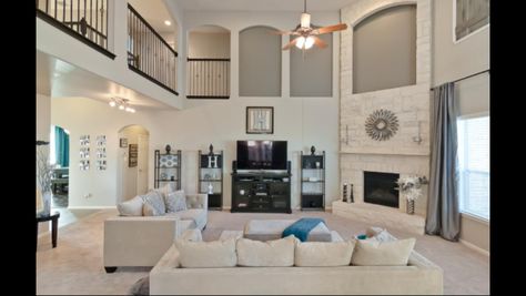 Two Story Room, Living Room Furniture Placement, Two Story Family Room, Corner Fireplace Living Room, Small Basement Remodeling, Small Basement Remodel, Furniture Placement Living Room, Foyer Decorating, Corner Fireplace