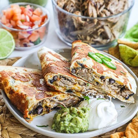 This deliciously EASY Pork Carnitas Quesadilla will fill your mouth with layers of flavor! From the citrus and Mexican spices infused in the slow cooked carnitas, to the crispy cheese pan fried on the outside of the tortilla, this quesadilla is QUICK, EASY, and will be a new family favorite! Use leftovers for a weeknight meal ready in no time! Easy Pork Carnitas, Carnitas Pork, Mexican Side Dishes, Chili And Cornbread, Carnitas Recipe, Slow Cooked Pork, Crispy Cheese, Cheese Quesadilla, Pork Carnitas