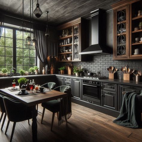 Dark Kitchen Moody Wood Kitchen, Modern Gothic Farmhouse Kitchen, Dark Kitchen Interior Design, Dark Walls Light Cabinets, Modern Gothic Kitchen, Dark House Interior Design, Dark And Moody Kitchen, Clawfoot Tub Ideas, Bohemian Kitchens