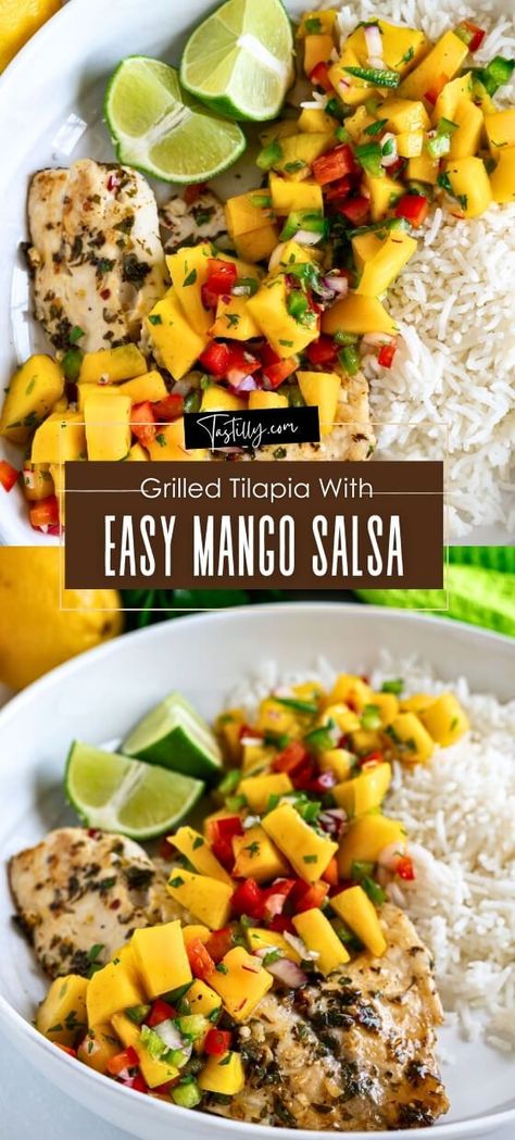 Quick Grilled Tilapia With Easy Mango Salsa – Tastilly Tilapia With Mango Salsa, Tilapia Tacos, Grilled Tilapia, Tilapia Recipe, Seafood Meals, Mango Salsa Recipes, Mango Sauce, Tropical Food, Tilapia Recipes