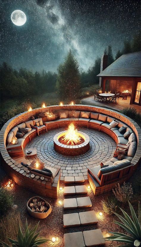 15+ Easy Brick Fire Pit Ideas to Elevate Your Outdoor Space 21 Brick Fire Pit Ideas, In Ground Fire Pit, Outdoor Fire Pit Area, Sunken Fire Pits, Fire Pit Seating Area, Backyard Bonfire, Brick Fire Pit, Fire Pit Ideas, Fire Pit Landscaping