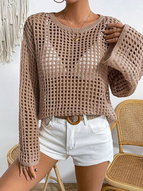 Crochet Long Sleeve Tops, Advanced Knitting, Crochet Leg Warmers, Without Bra, Jumper Style, Long Sleeve Tops Casual, Crochet Woman, Open Knit Sweater, Sweater Crochet Pattern