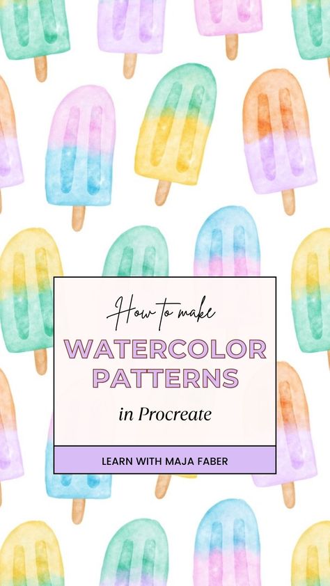 Learn how to create watercolor ice pops patterns in Procreate. Free Procreate brushes & color palette included. Click on the pin to see the class! Procreate Repeating Pattern, Procreate Doodles, Procreate Resources, Ice Popsicles, Draw Watercolor, Procreate Watercolor, Pro Create, Procreate Ipad Tutorials, Watercolor Patterns