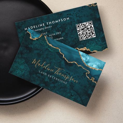 Elegant QR Code Teal Green Marble Agate Geode Business Card Business Card Logo Design, Cute Business Cards, Chocolate Packaging Design, Visiting Card Design, Stone Gallery, Luxury Business Cards, Chocolate Packaging, Agate Geode, Green Marble