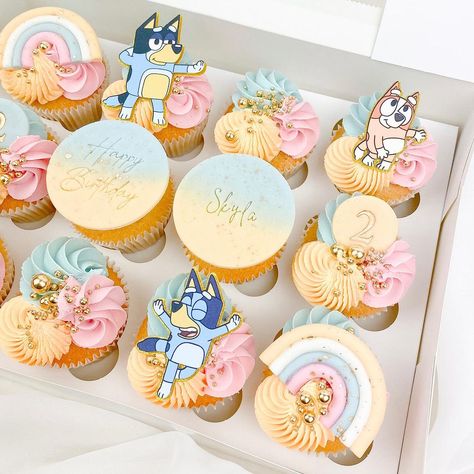 💙🧡SKYLA, 2🧡💙 Bluey themed cupcakes to celebrate Skylab’s 2nd birthday🧁 Happy birthday stamp- @cutbakestamp Name stamp- @_euforylab_ Col… | Instagram Bluey Birthday Cake And Cupcakes, Bluey Bingo Birthday Cupcakes, Bluey Cupcake Pull Apart, Bluey Birthday Cupcakes For Girl, Bluey Cupcakes For A Girl, Bluey Themed Cupcakes, Bluey Cupcake Cake, Twoey Bluey, Pastel Bluey Birthday