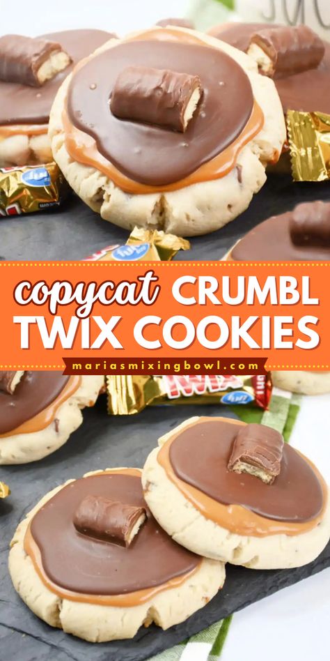 You'll love these Copycat Crumbl Twix Cookies made with shortbread cookies, caramel, and Ghirardelli dark chocolate melting wafers, topped with Twix bars. With simple ingredients, this is the perfect Christmas cookie recipe and Christmas dessert to impress. Bake today! Crumbl Twix Cookie Recipe, Crumbles Copycat Cookies, Copycat Crumble Recipes, Crumbl Copycat Cookie Recipe, Copycat Crumbl Cookie Recipe, Crumble Cookie Recipes, Crumble Cookies Copycat, Twix Cookie Recipe, Crumble Cookie Copycat