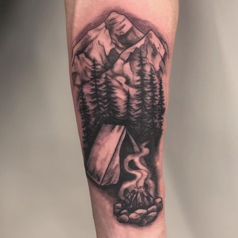 Tent Camping Tattoo, Camping Scene Tattoo, Campfire Tattoo, Waterfall Tattoo, Camping Tattoo, Wood Tattoo, Tattoos 2024, Empire Tattoo, Scene Tattoo