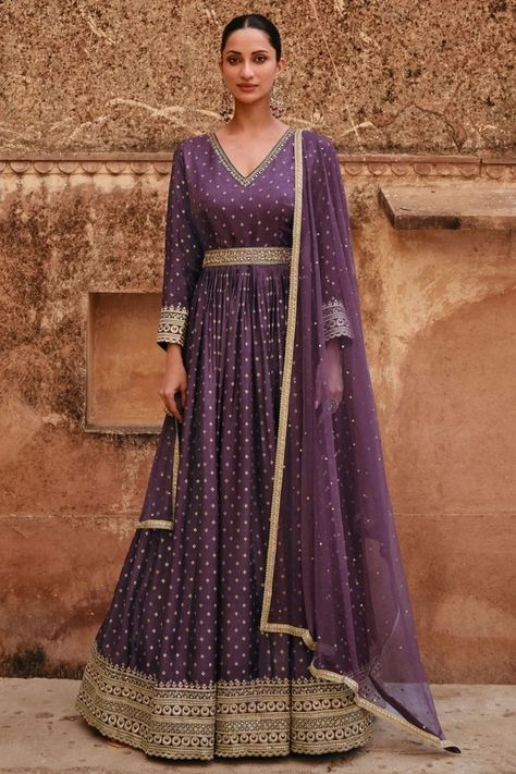 Purple Designer Anarkali Suit - YS111303 Green Gown Indian, Dark Green Gown, Party Wear Anarkali, Silk Anarkali Suits, Traditional Gowns, Silk Anarkali, Gown With Dupatta, Long Anarkali, Party Wear Gown