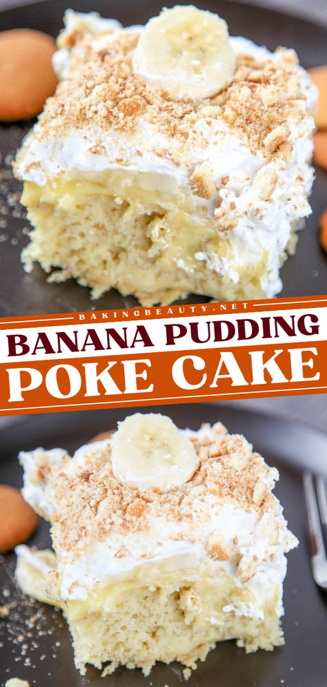 This moist banana cake is unlike any other! It's a fun summer dessert for family and friends. Made with banana pudding, whipped cream, and vanilla wafers, this poke cake recipe is one of the best. Save this 4th of July baking idea! Impressive Thanksgiving Desserts, Banana Filling, Ww Deserts, Moist Banana Cake, Banana Desserts, Banana Pudding Poke Cake, Pudding Poke Cake, Poke Cake Recipe, Bbq Desserts