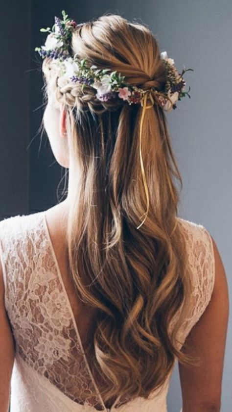 Hair Down Flower Crown Wedding, Bridal Hair With Flower Crown Half Up, Bridesmaid Hair With Flower Crown, Bride Hair With Flower Crown, Hair Styles With Flower Crown, Flower Crown Hairstyle Half Up, Long Hair With Flower Crown, Bride Hair Flower Crown, Wedding Hairstyles Flower Crown