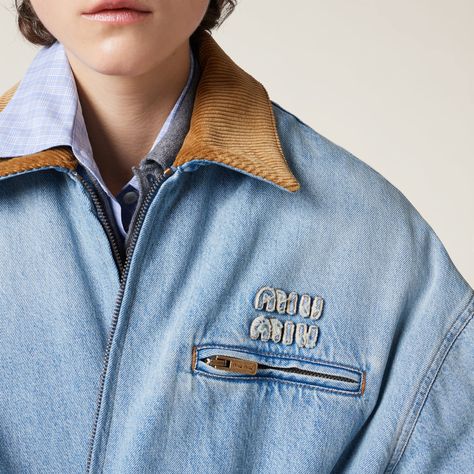 Miu Miu Denim, Embroidered Leather Jacket, Acid Wash Denim Jacket, Fitted Denim Jacket, Contrasting Stitching, Denim Jacket Outfit, Velvet Collar, Acid Wash Denim, Jacket Outfit