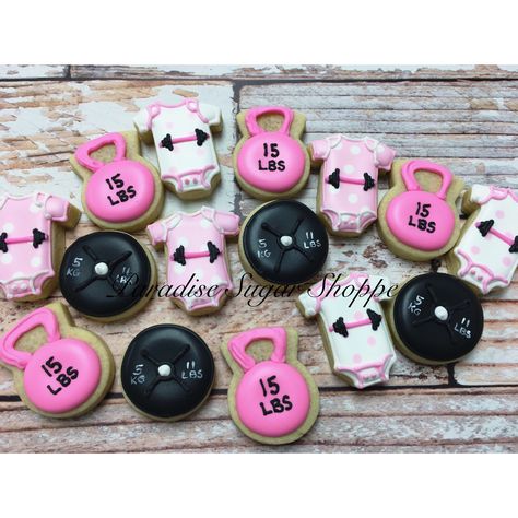 Weight Gender Reveal Ideas, Workout Gender Reveal Ideas, Powerlifting Gender Reveal, Fitness Cookies Decorated, Weights Gender Reveal, Workout Cookies Decorated, Fitness Gender Reveal Ideas, Gender Reveal Gym Theme, Gym Cookies Decorated