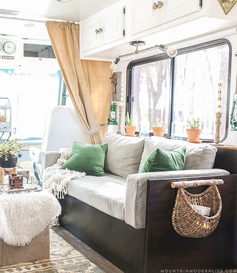 Want to replace those old light fixtures in your motorhome with updated RV interior lighting? It's a lot easier than you think! MountainModernLife.com Rv Living Remodel, Modern Rv, Rv Living Room, Decorating Your Rv, Camper Vintage, Rv Interior Remodel, Cozy Camping, Triangle House, Rv Makeover