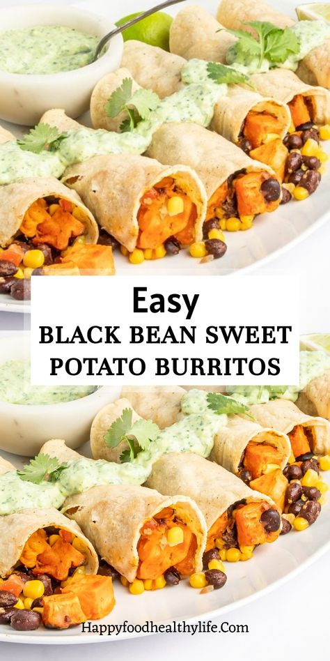 Learn how to make delicious Black Bean Sweet Potato Burritos with this easy baked recipe. These flavorful burritos combine the goodness of sweet potatoes and black beans for a wholesome meal option. Whether you're looking for a new Meatless Monday dish or simply want to add more plant-based meals to your menu, these Sweet Potato Burritos are sure to hit the spot.  | sweet potato black bean burritos | baked burritos | sweet potato and black bean burritos | Sweet Potato Black Bean Recipe, Avocado Tortilla Wrap, Sweet Potatoes And Black Beans, Potato Burritos, Baked Burritos, Potato Recipes Crockpot, Black Bean Burritos, Sweet Potato Burrito, Sweet Potato Wrap