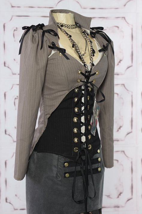 Grey Pinstripe Suiting Steampunk Jacket by Damsel in this Dress Empire Waist Jacket, Dress With Cleavage, Yennefer Cosplay, Corset Jacket, Damsel In This Dress, Fun Jacket, Grey Pinstripe Suit, Steampunk Jacket, Mode Steampunk