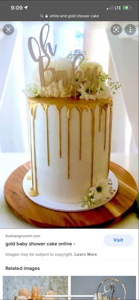 White And Gold Gender Reveal, Baby Shower Drip Cake, Cake With Gold Drip, White Baby Shower Cake, Blue Baby Shower Cake, Gold Baby Shower Cake, Gold And White Cake, Golf Baby Showers, Cake With Gold