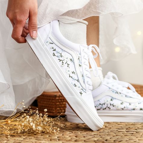 "Price includes: Shoes + Embroidery as shown Converse Custom shoes are meticulously hand-embroidered with non-fading thread, sturdy and durable. Embroidered Converse shoes can be used for daily use, school shoes, wedding shoes for brides,... Will definitely be a unique gift for girlfriends, niece gifts, daughter gifts, men's gifts,... or any of your relatives. Let me help you pack and send them as gift boxes, you just need: Select \"Gift wrapping available\" when ordering To customize gift boxes, gift wrapping paper suitable for birthdays, Christmas gifts.... please leave a message In addition, I can also help you leave a handwritten message through a lovely card. 1. CUSTOM  In addition to the embroidery patterns I post, I am happy to receive embroidery patterns ordered by you, for example Vans Wedding Shoes The Bride Elegant, Bride Wedding Shoes Vans, Vans Wedding Shoes The Bride Simple, Vans Wedding Shoes The Bride Comfortable, Converse Wedding Photo, Wedding Sneakers For Bride Keds, Custom White Wedding Vans, Wedding Blue Shoes, Embroidery Wedding Shoes