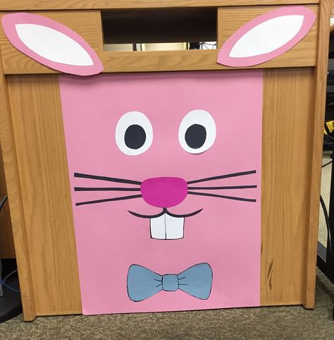 April Bunny Book Drop Bookdrop Decor, Book Drop Ideas Library, Easter Library Displays, Book Return, Library Decorations, School Library Decor, Makerspace Library, Stack Books, January Books