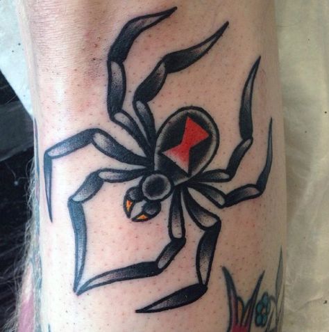 American Traditional Black Widow Tattoo, Spider Tattoo Trad, Traditional Black Widow Tattoo, Old School Spider Tattoo, American Traditional Spider Tattoo, Spider Traditional Tattoo, Spider Tattoo Traditional, American Traditional Spider, Traditional Spider Tattoo