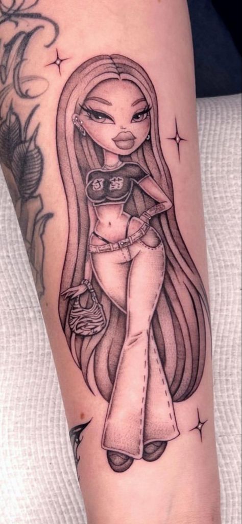 Y2K tattoo idea
Bratz tattoo
Bratz tattoo idea
Influencer tattoos Funny Leg Tattoo Men, Cartoon Drawings Tattoo, Cartoon Character Tattoos Ideas, Black Bratz Tattoo, 90s Aesthetic Tattoo Ideas, Bratz Style Tattoo, Sasha Bratz Tattoo, Bratz Fairy Tattoo, How To Draw Bratz