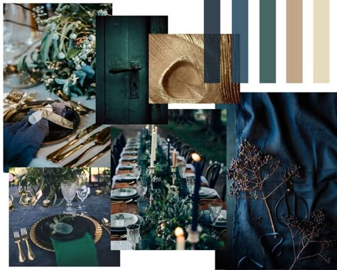 Rustic Wedding Decor Emerald Green, Emerald Green Blue And Gold Wedding, Dark Blue Dark Green Wedding, Blue Green Gold Color Palette Wedding, Hunter Green Rustic Wedding, Emerald Green And Dark Blue Wedding, Blue Gold And Green Wedding, Green Colored Wedding Theme, Gold Green Blue Wedding