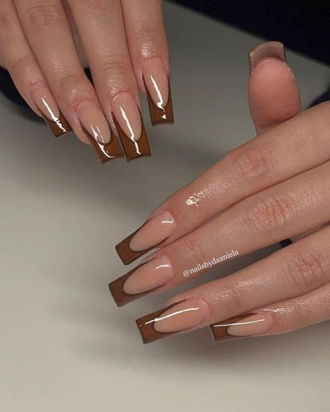 All Brown Nails Design, Fall Nails Medium Coffin, Coffin Tip Nails Design, Brown French Tip Nails Coffin, Fall Nails Stilleto Shape, Fall Short Nail Ideas, Brown Nails French, Fall Nails Square Medium, French Color Nails