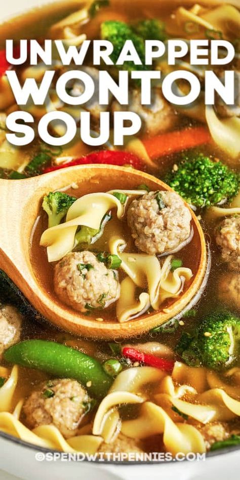 This Unwrapped Wonton Soup recipe is quick & easy. Use pork, chicken, or beef for the mini meatballs, or add shrimp! #spendwithpennies #unwrappedwontonsoup #soup #recipe #worwontonsoup #easy Wor Wonton Soup, Asian Chopped Salad, Wonton Soup Recipe, Asian Soup Recipes, Won Ton, Mini Meatballs, Soups Stews Chilis, Pork Chicken, Pork Meatballs