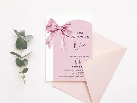 Pink Bow Birthday Invitation Bowtiful First Birthday, Girls Just Wanna Be One Birthday, Bow Invitation, Invitation 1st Birthday, First Birthday Invite, Bow Birthday, Party Stationery, Cute Watercolor, Wedding Invitations Diy