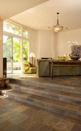 Beer Garden Design, Tile Steps, Slate Tile Floor, Stair Well, Indoor Living Room, Home Design Interior, Tile Stairs, Living Room Tiles, Living Room Floor