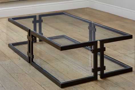 Bronzed steel framed cantilevered coffee table. Coffee Tables Uk, Glass Table Living Room, Steel Frame Furniture, Steel Furniture Design, Welded Furniture, Metal Outdoor Furniture, Solid Coffee Table, Industrial Design Furniture, Metal Furniture Design