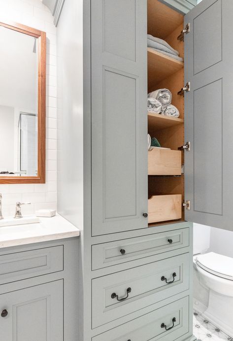 Bathroom Built In Cabinet Next To Vanity, Bathroom Vanity And Linen Closet Combo, Bath Linen Cabinet, Bathroom Tower Cabinet Ideas, Cabinet Linen Closet, Custom Cabinets Bathroom, Bathroom Vanities With Storage Towers, Jack And Jill Bathroom With Linen Closet, Single Vanity With Linen Cabinet