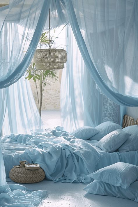 Wake up to the tranquility of a misty morning in a bohemian bedroom oasis where light blue tones and soft textures create a serene sanctuary perfect for starting the day with peace and serenity. Click the link to discover how to transform your bedroom into a tranquil misty morning retreat! Light Blue Boho Bedroom, Eccentric Bedroom, Blue Boho Bedroom Ideas, Blue Boho Bedroom, Light Blue Rooms, Light Blue Bedroom, Mermaid Bedroom, Glitter Photography, Bedroom Oasis