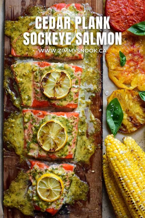 Cedar Plank Sockeye Salmon portioned in four with sauce and lemon slices. Served with grilled corn and tomatoes. Sockeye Salmon Recipe, Alaska Food, Food Salmon, Salmon With Lemon, Plank Salmon, Cedar Plank Salmon, Sockeye Salmon, Cedar Planks, Grilled Tomatoes