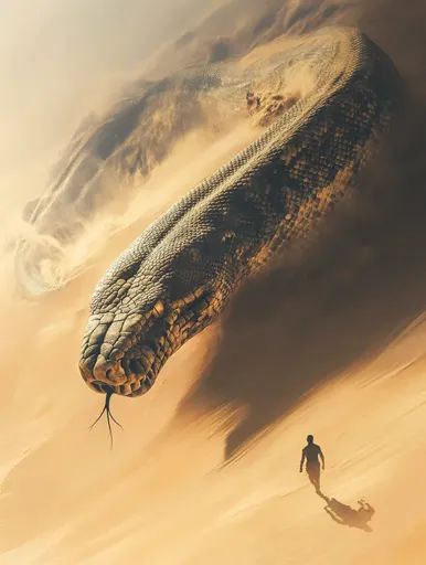 ↑↑↑ Larger size on website 🔸 A giant, scaly serpent emerges from the sand dunes of a desert. Its head is close to the ground, its Sand Serpent, Desert Snake, Forked Tongue, Power Of Nature, Art Creativity, Sand Dunes, The Sand, Human, Art