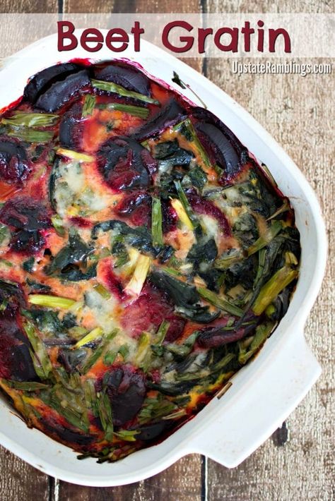 Beet Gratin Recipe - a tasty casserole made from roasted beets and beet greens and baked for a summer side dish #beet #gratin #casserole #recipes Beet Gratin, Beet Green Recipes, Upstate Ramblings, Thanksgiving Food Crafts, Alpha Gal, Summer Side Dish, Easter Brunch Food, Beet Recipes, Thanksgiving Recipes Side Dishes