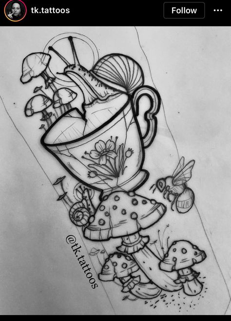 Teacup Flash Tattoo, Black And White Aesthetic Tattoo, Mushroom Teacup Tattoo, Alice Through The Looking Glass Tattoo, Creepy Alice In Wonderland Tattoo, Feminine Spooky Tattoos, Wymsical Tattoos, Tea Pot And Cup Tattoo, Cottage Core Tattoo Sleeve