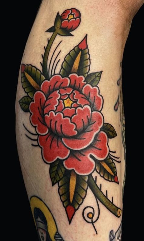 Trad Peony Tattoo, Peony Traditional Tattoo, Traditional Thigh Tattoo, Peonies Tattoo, Tattoo Board, American Traditional, Peony Flower, Thigh Tattoo, Traditional Tattoo