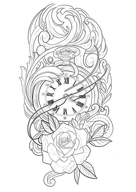 Clock Roses Tattoo Design, Religous Tattoo Stencil, Time Clock Tattoo, Time Piece Tattoo, Clock Tattoo Sleeve, Clock And Rose Tattoo, Rose Tattoo Stencil, Filigree Tattoo, Rose Tattoo Sleeve