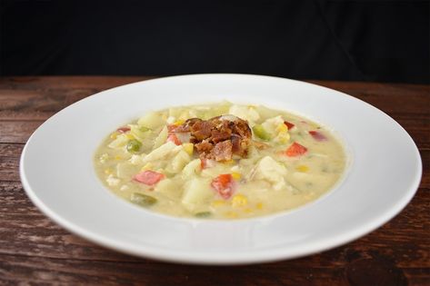 Walleye Chowder Walleye Chowder, Can Cooker, Creamy Mushroom Soup, Corn Chowder, Peeling Potatoes, Frozen Corn, Mushroom Soup, Fish Dishes, Chicken Stock