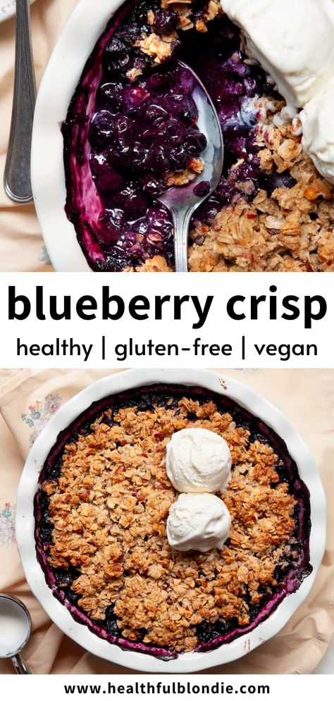 This easy gluten-free blueberry crisp recipe is the perfect sweet, healthy, and vegan summer dessert! It’s sweetened with maple syrup and topped with a buttery oat crumble. You can use fresh or frozen blueberries. Healthy Blueberry Crumble, Frozen Blueberry Recipes, Gluten Free Blueberry Crisp, Vegan Crisp, Blueberry Crumble Recipes, Gluten Free Crisps, Blueberry Crisp Recipe, Blueberry Crisp, Blueberry Oat