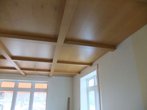 Plywood ceiling by HandsLive, via Flickr                                                                                                                                                                                 More Easy Basement Ceiling, Slanted Ceiling Bedroom, Basement Ceiling Ideas Cheap, Ceiling Alternatives, Plywood Ceiling, Basement Ceiling Options, Home Gym Basement, Ceiling Options, Interior Wall Paint