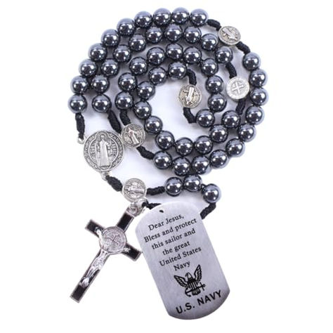 Honor faith and service with this durable rosary made from dark gray hematite beads, designed for those who serve in the military. Featuring an intricate St. Benedict crucifix and a centerpiece with an exorcism prayer in Latin on the back, this rosary offers protection and spiritual strength. With its timeless design and meaningful symbolism, this heirloom-quality rosary is a thoughtful and enduring gift for a loved one in the military, offering them comfort and faith wherever they go. Exorcism Prayer, Military Rosary, Spiritual Strength, Deployment Gifts, Space Force, Navy Air Force, St Benedict, United States Marine Corps, Army & Navy