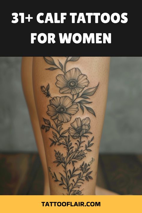 Discover stylish and feminine calf tattoo ideas for women to get inspired for your next ink! From intricate designs to minimalist pieces, explore unique and creative calf tattoos that will accentuate your beauty and personality. Find the perfect tattoo design that speaks to you and showcases your individual style. Whether you prefer colorful artworks or black-and-white patterns, there are endless options to adorn your calves with meaningful body art. Elevate your look with a stunning calf tattoo Womens Side Of Calf Tattoo, Calf Tattoos For Women Back Of, Women Calf Tattoo Ideas, Calf Tattoos Women, Side Calves Tattoos For Women, Back Of Calf Tattoos For Women, Women Calves Tattoo, Side Leg Tattoo, Calf Tattoo Ideas