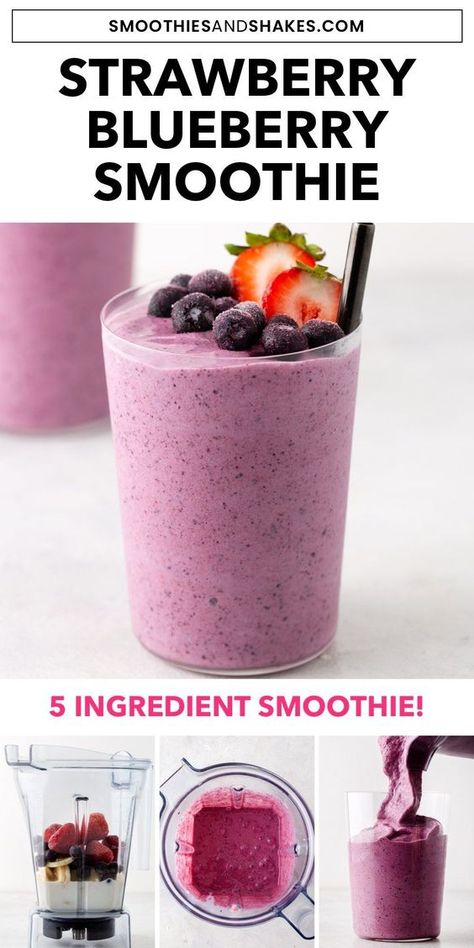 Refreshing and healthy, this strawberry blueberry smoothie uses only 5 ingredients. Learn how to make the easy recipe at home in a blender. #smoothies #berrysmoothie #smoothierecipes #fruitsmoothies #breakfastsmoothies #healthyrecipes Frozen Fruit Smoothie Recipes, Simple Smoothies, Berry Smoothies, Strawberry Blueberry Smoothie, Superfood Smoothies, Breakfast Drinks, Frozen Fruit Smoothie, Blueberry Smoothie Recipe, Blueberry Banana Smoothie