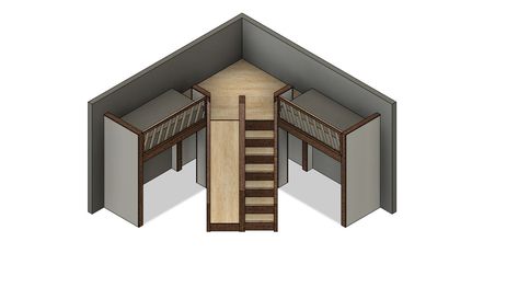 DIY build plans for corner loft bed with under corner room. Both beds in this design are twin beds (38" x 75"). Built in staircase for easy access to the upper space. There is also a built in slide for an alternative way down from the upper space. Under corner room is great for a play space, storage, closet, game room, etc. Human outlines: Male: 6 ft. Female: 5 ft. 6 in. Child: 45 in. Contact us for custom designs or complete builds. Follow us on social media for updates and new projects. -Insta Built In Loft Beds For Kids Floating, Gaming Loft Beds, Queen Loft Bed With Stairs, L Shape Loft Bed Kids Rooms, L Shaped Bunk Beds Space Saving, Adult Loft Bed With Stairs, Corner Loft Beds Diy Plans, Built In Bunk Beds Corner, Diy Lift Bed