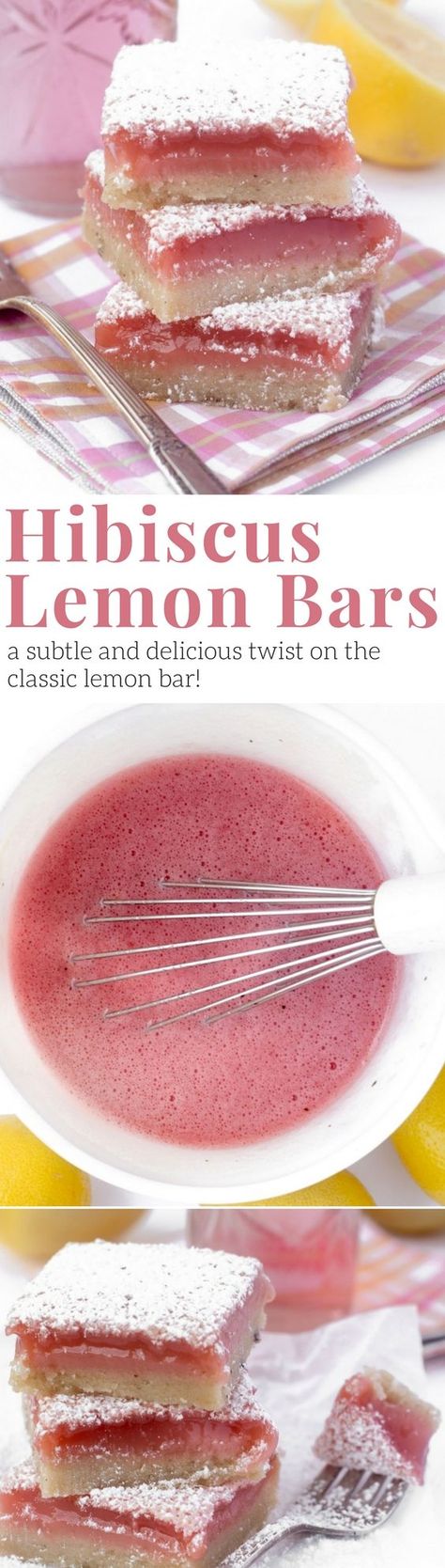 These Hibiscus Lemon Bars are insanely good --- imagine a perfect lemon bar infused with the bright berry flavor of hibiscus.  Can you say vitamin C? #lemonbars #lemon #hibiscus #hibisculemonbars #hibiscustea #lemonbarrecipe #pinklemonadebars #dessert Dessert Recipes Lemon, Lemon Bar, Lemon Bars Recipe, Recipe Dessert, Red Girl, Lemon Bars, Bars Recipe, Girl Blog, Pavlova