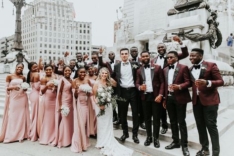 Burgundy And Pink Wedding Party, Maroon Wedding Theme Groomsmen, Burgundy Blush And Champagne Wedding, Brown And Pink Wedding Theme, Mauve And Burgundy Wedding, Burgundy And Blush Wedding Groomsmen, Bridal Party Attire Color Schemes, Burgundy Groomsmen Attire, Blush Wedding Groomsmen